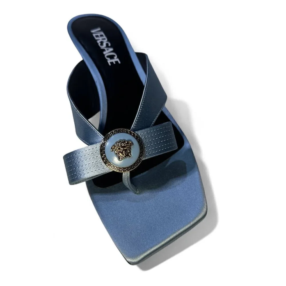 Versace Women's Blue Satin Mule Gianna Ribbon 45 mm sandals Sz 37.5